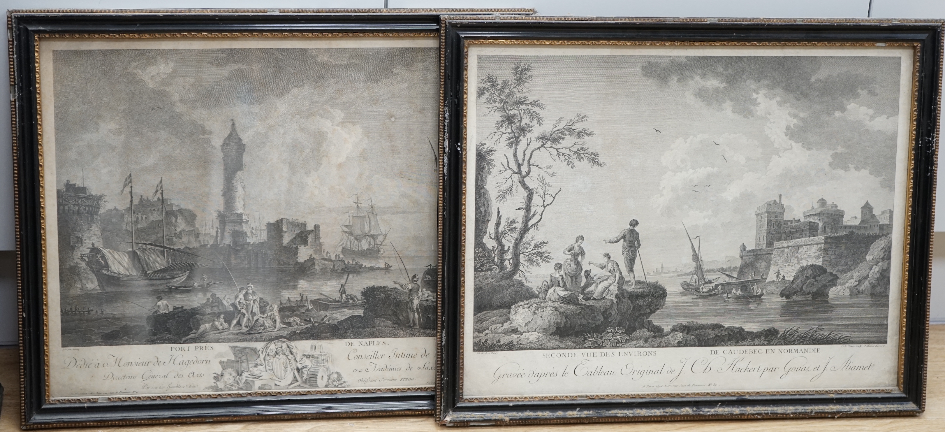 After Jacob Philipp Hackert (Italian, 1737-1807) and After Pierre Charles Le Mettay (French, 1726-1759) two 18th century engravings, Normandy and Naples, each 36 x 45cm